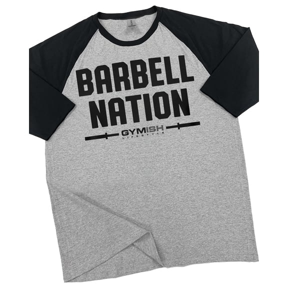GYMISH Raglan Barbell Nation Workout T-Shirt for Men – Funny Gym Shirt, Men’s Athletic Raglan Tee, Heather Grey, Small