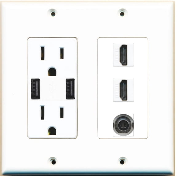 Ultra Spec Cables 2 Port HDMI 3.5mm Wall Plate w/2 USB Charger Power Outlet