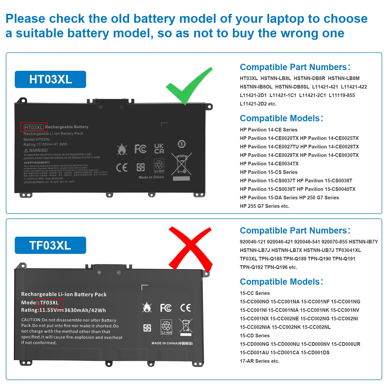 HT03XL L11119-855 Laptop Battery for HP Pavilion 14-CE 14-CF 14-DF 15-CS 15-DA 15-DB 15-DW 17-by 17-CA Series 15-CS0053CL 15-DW0033NR 15-DA0014DX L11421-542 L11421-2C2 HSTNN-UB7J HSTNN-DB8R HT03041XL