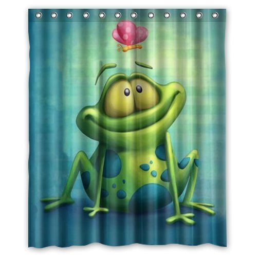 Morning Exercise Cartoon Frog Green Fresh Waterproof Fabric Shower Curtains Set 