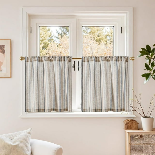 Colorful Striped Linen Kitchen Curtains 24 Inch Christmas Tier Curtains Farmhouse Modern Cafe Small Window Treatments Light Filtering Rod Pocket for Living Room Bathroom 2 Panels Multi Blue