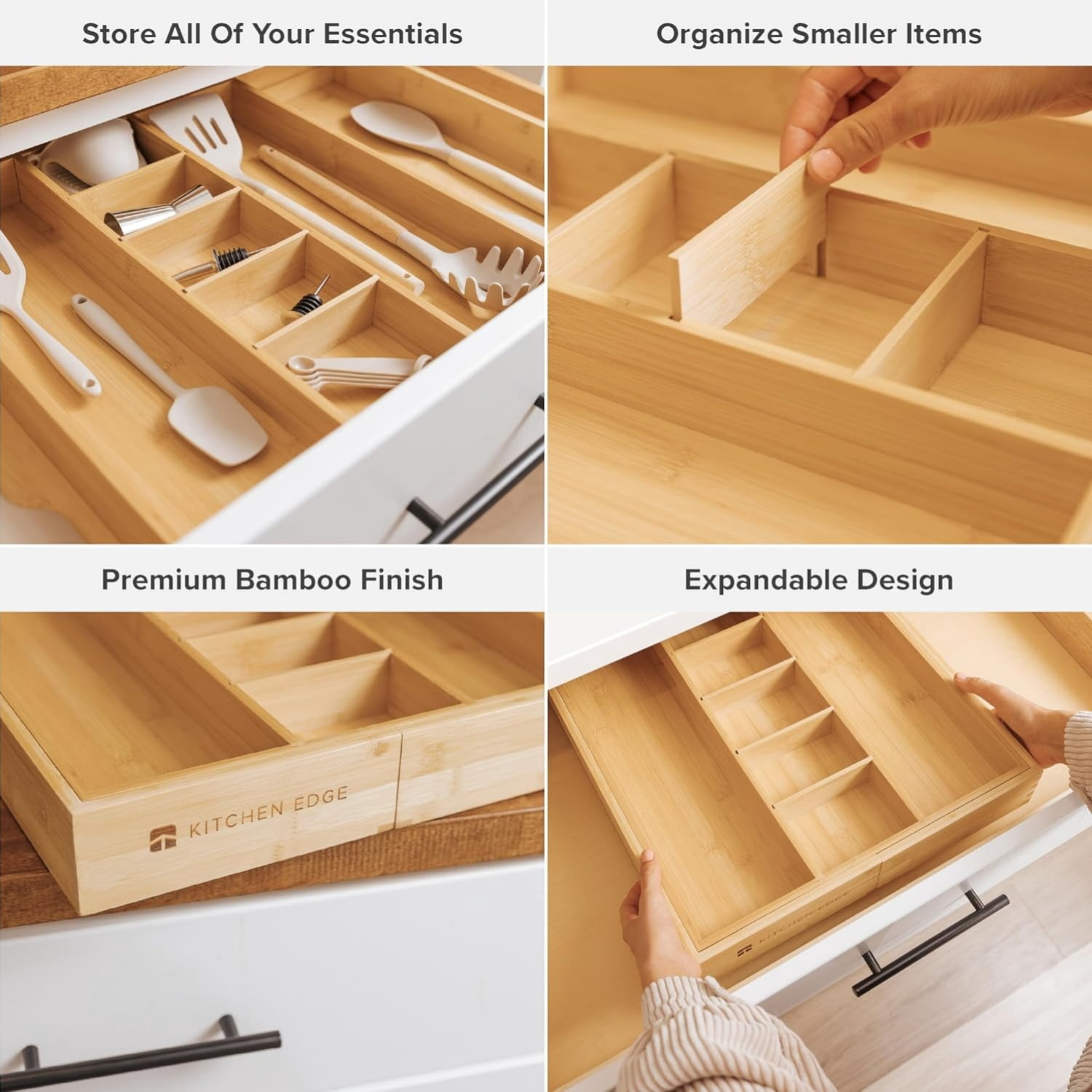 Adjustable Kitchen Drawer Organizer for Utensils and Junk, Food-Safe Contract Grade with 100%  Wood, Non-Slip, Expandable from 16" to 28" Wide - Bamboo