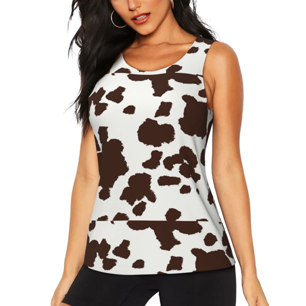 Fotbe Brown Cow Blusas Sin Mangas para Mujer – Estilo Casual, Corte Suelto, Slim-Fit, Cuello Redondo Deportivo, Tops de Verano para Gimnasio y Yoga-XX-Large
