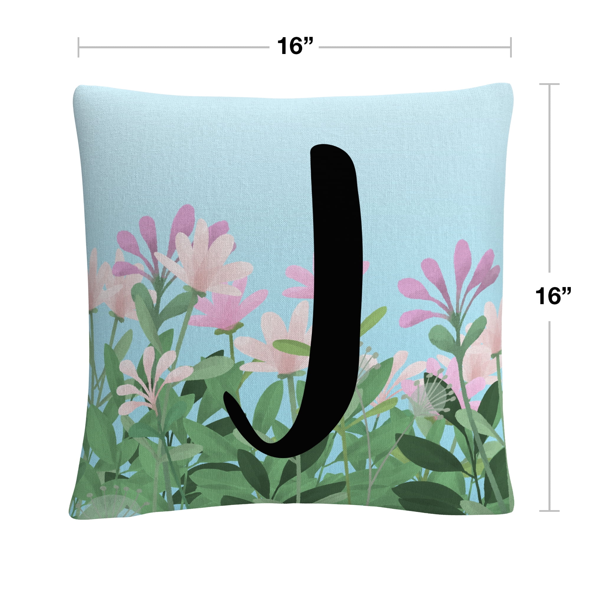 Pink Floral Garden Letter Illustration J By Abc 16 X 16 Decorative Throw Pillow