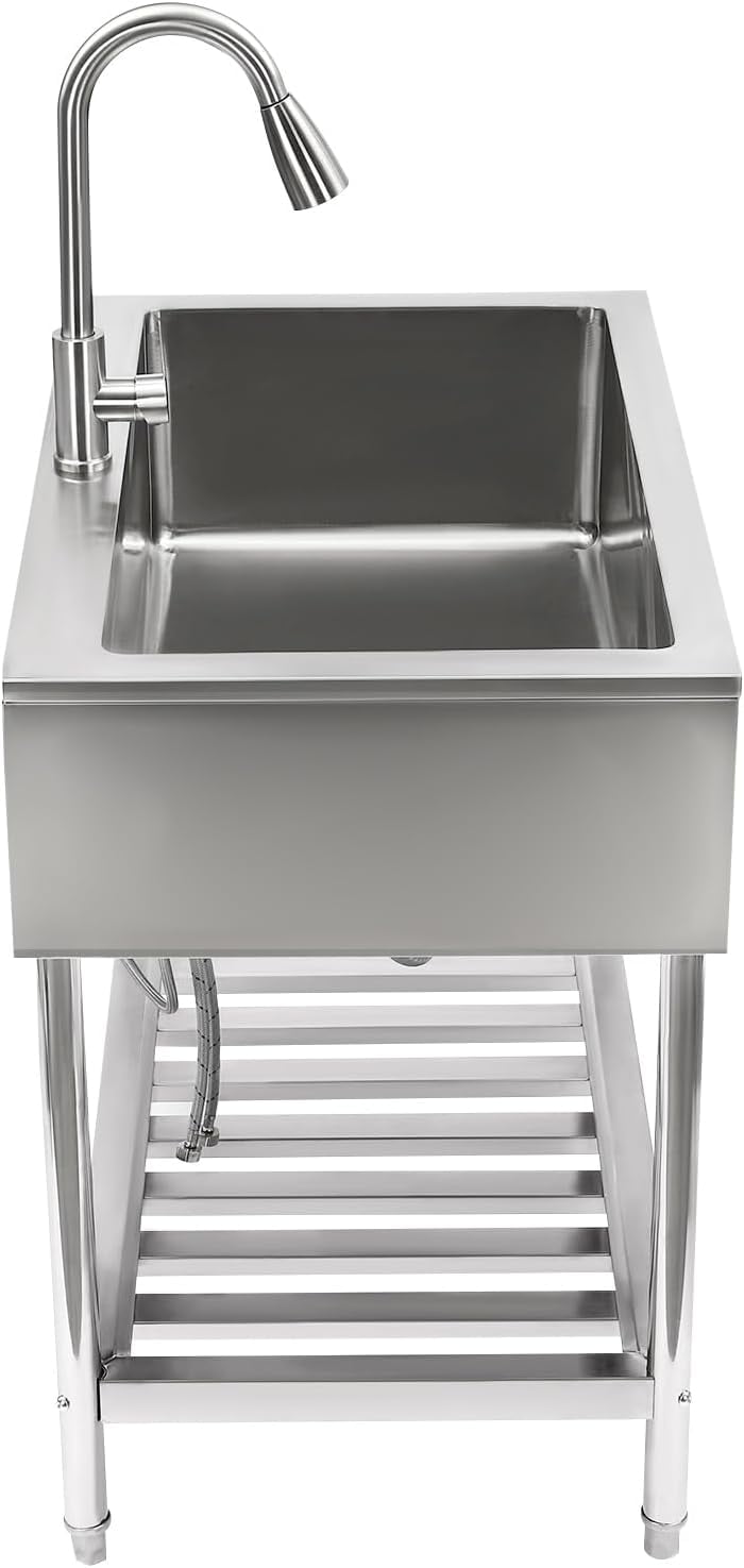 YIYIBYUS Utility Sink, 35.8" L x 23.2" W x 34.3" D Free Standing Single Bowl Kitchen Sink with Cold and Hot Water Faucet, Commercial Stainless Steel Sink for Kitchens, Bathrooms, Garage, Laundry Room