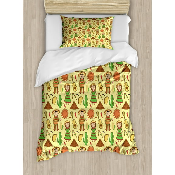 Taco Duvet Cover Set Twin Size, Mexican Culture Objects with Maracas and Vihuela Music Man and Woman Cactus Cartoon, Decorative 2 Piece Bedding Set with 1 Pillow Sham, Multicolor, by Ambesonne