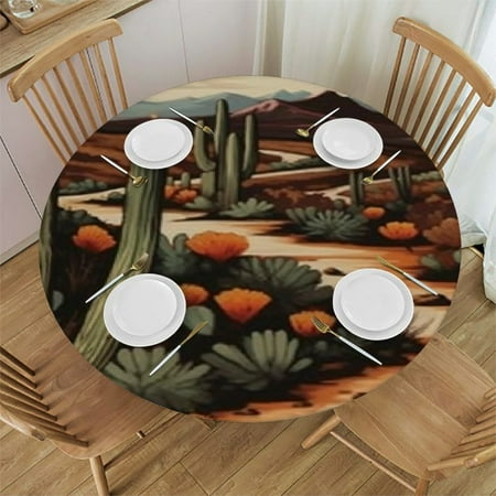 

Round Fitted Table Cloth Elastic Tablecloth for Round Tables Tropical Plant Floral