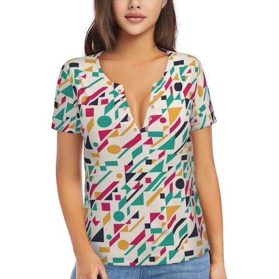 Uemuo Colorful Spots Drawing Women's Deep V-Neck Low Cut Tops - Casual Loose Fit with Stainless Steel Loop, Soft, Breathable, Perfect for Office, Travel, and Daily Wear-Small