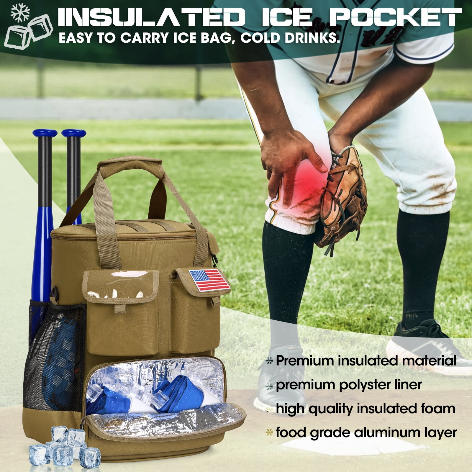RAINSMORE Baseball Bucket Backpack Baseball Accessories Organizer Bag with Insulation Pocket Softball Baseball Bag with Anti-Slip Bottom,Brown