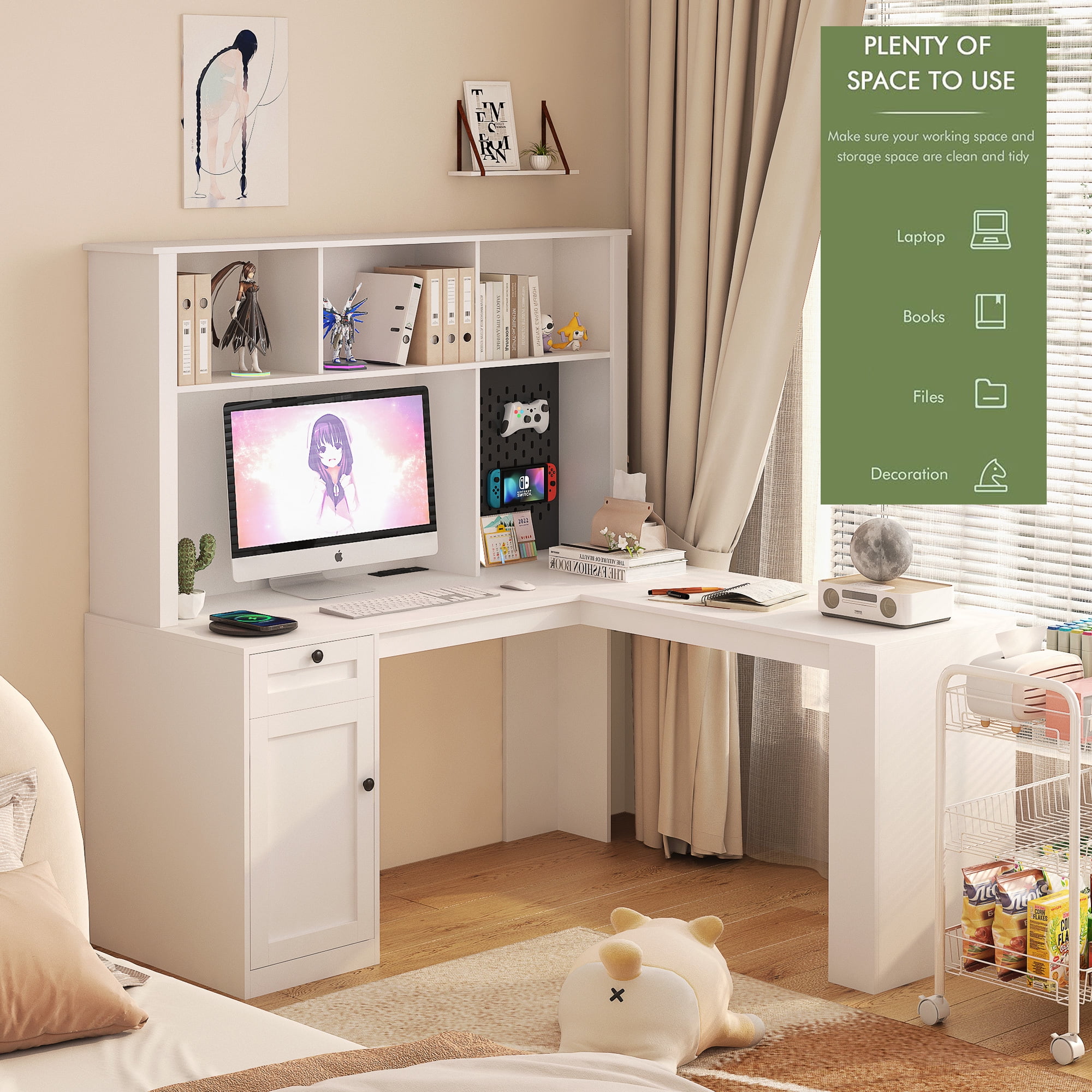 White L Shaped Corner Computer Desk with Storage Drawers, 2-IN-1 Home Office Desks with Bookshelf & Hutch & Pegboard, Modern Office Table with Outlet, Work Desk Study Desk for Home Office