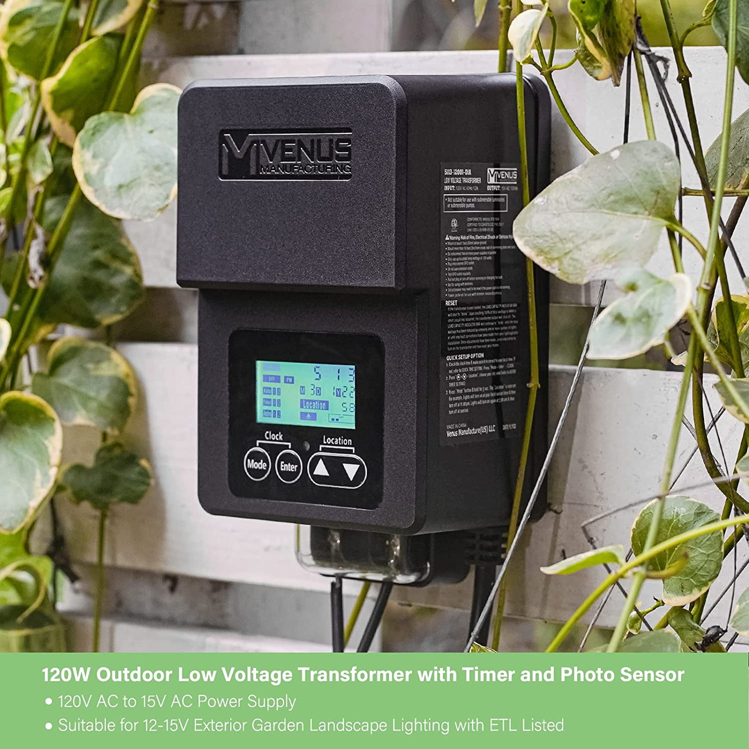 120W Outdoor Low Voltage Transformer with Timer and Photo Sensor, 120V AC to 15V AC Power Supply, Suitable for 12-15V Exterior Garden Landscape Lighting with ETL Listed
