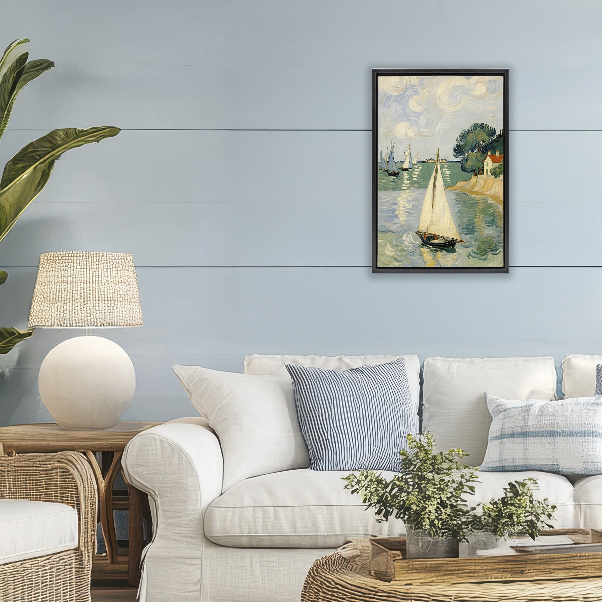 Stupell Industries Coastal Sailboats Under Swirling Clouds Black Framed Floater Canvas Wall Art, design by Angie Hawke