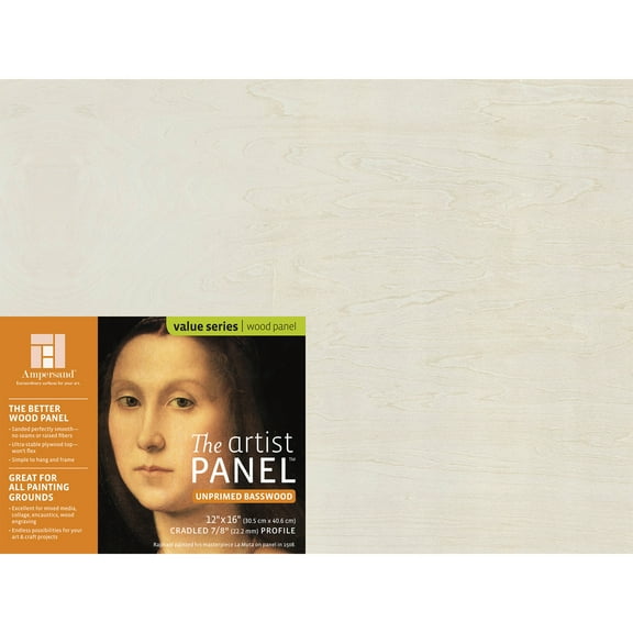 Ampersand Art Artist Panel, Unprimed Basswood, Cradled, 7/8" Profile, 12" x 16"