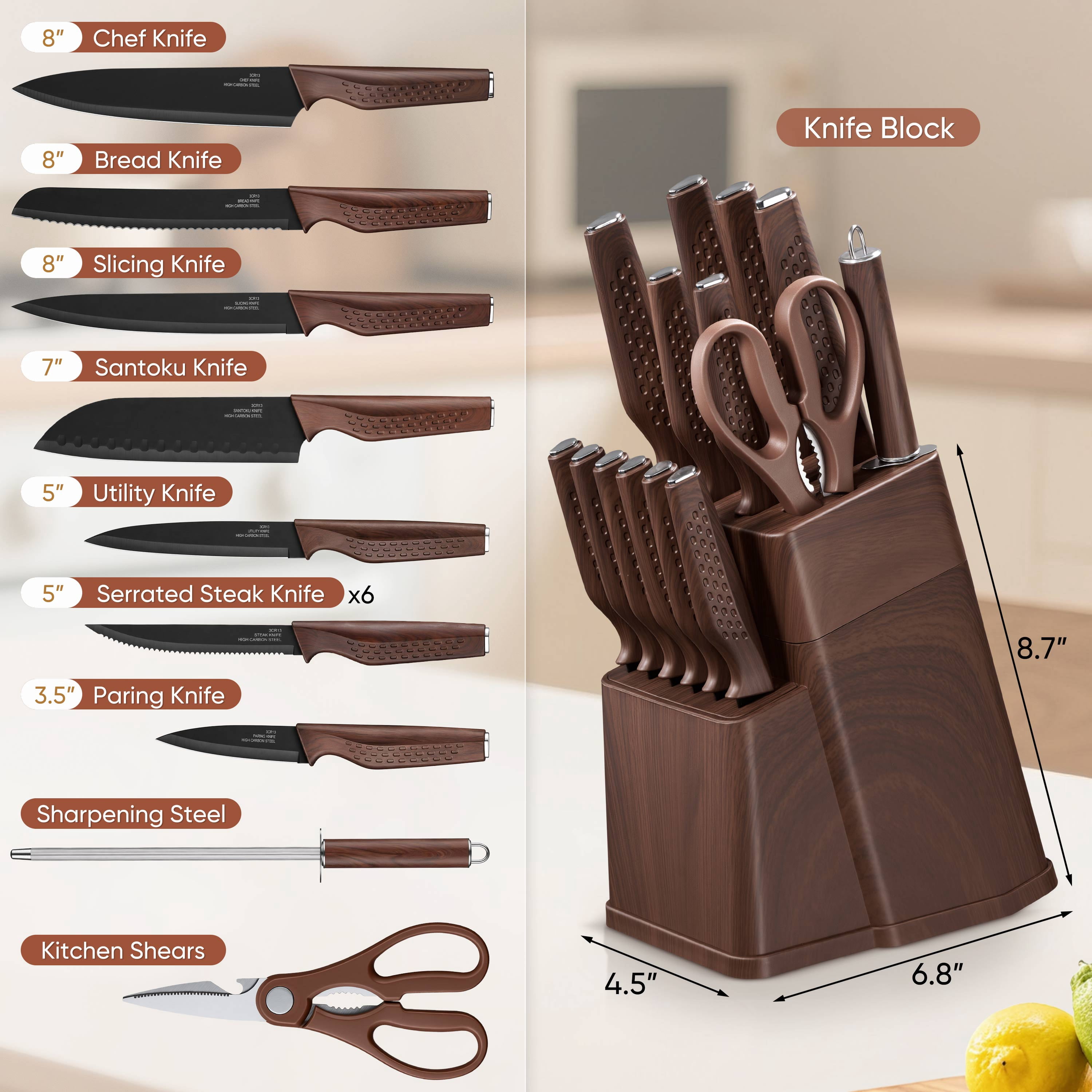 Vesteel Knife Block Set for Kitchen, 15-Piece High Carbon Stainless Steel Knives Set with Ergonomic Handle, Ultra-sharp & Rust Resistant, Walnut Brown