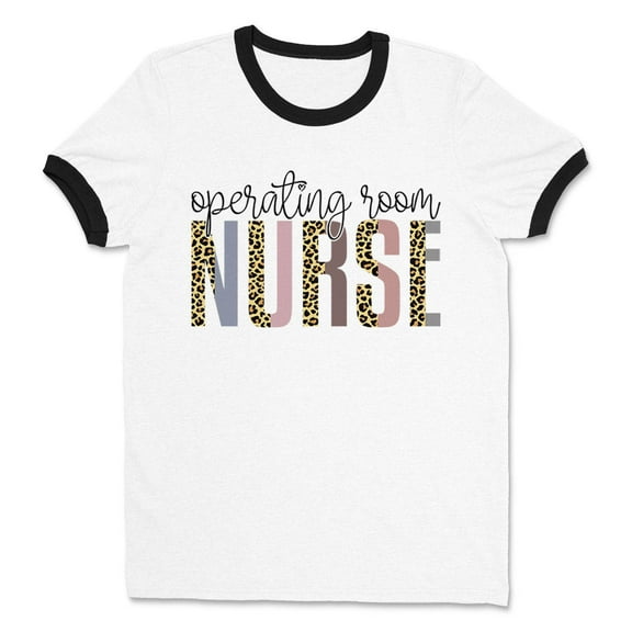 Operating Room Nurse Leopard Print Ringer Tee Shirt Unisex Large White/Black