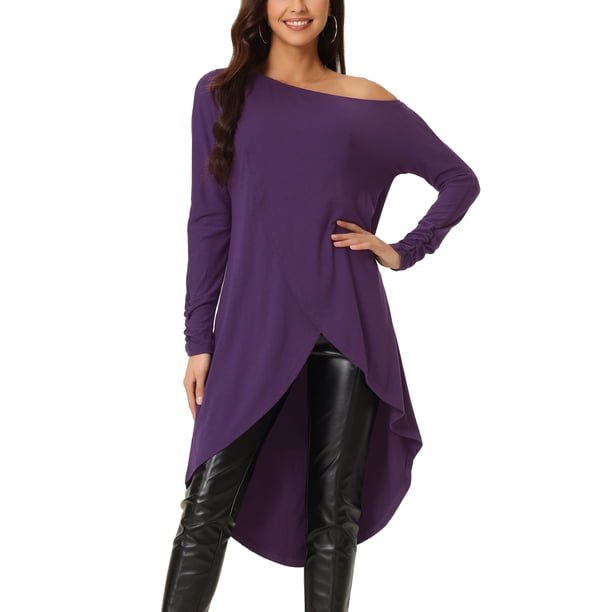 INSPIRAR CHIC Blusa Casual de Mujer de Un Hombro, Manga Larga, Corte Alto-Bajo, Asimétrica, do Hem Irregular, Color Lila