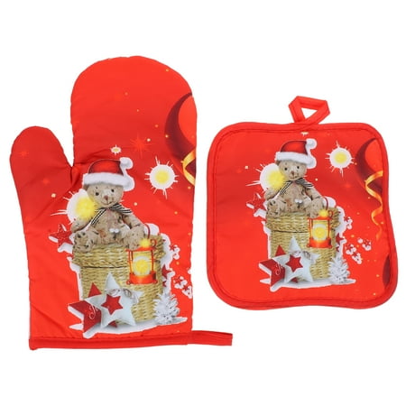 

4pcs Xmas Oven Gloves Table Mats Heat Insulation Gloves Placemats for Kitchen (Red)