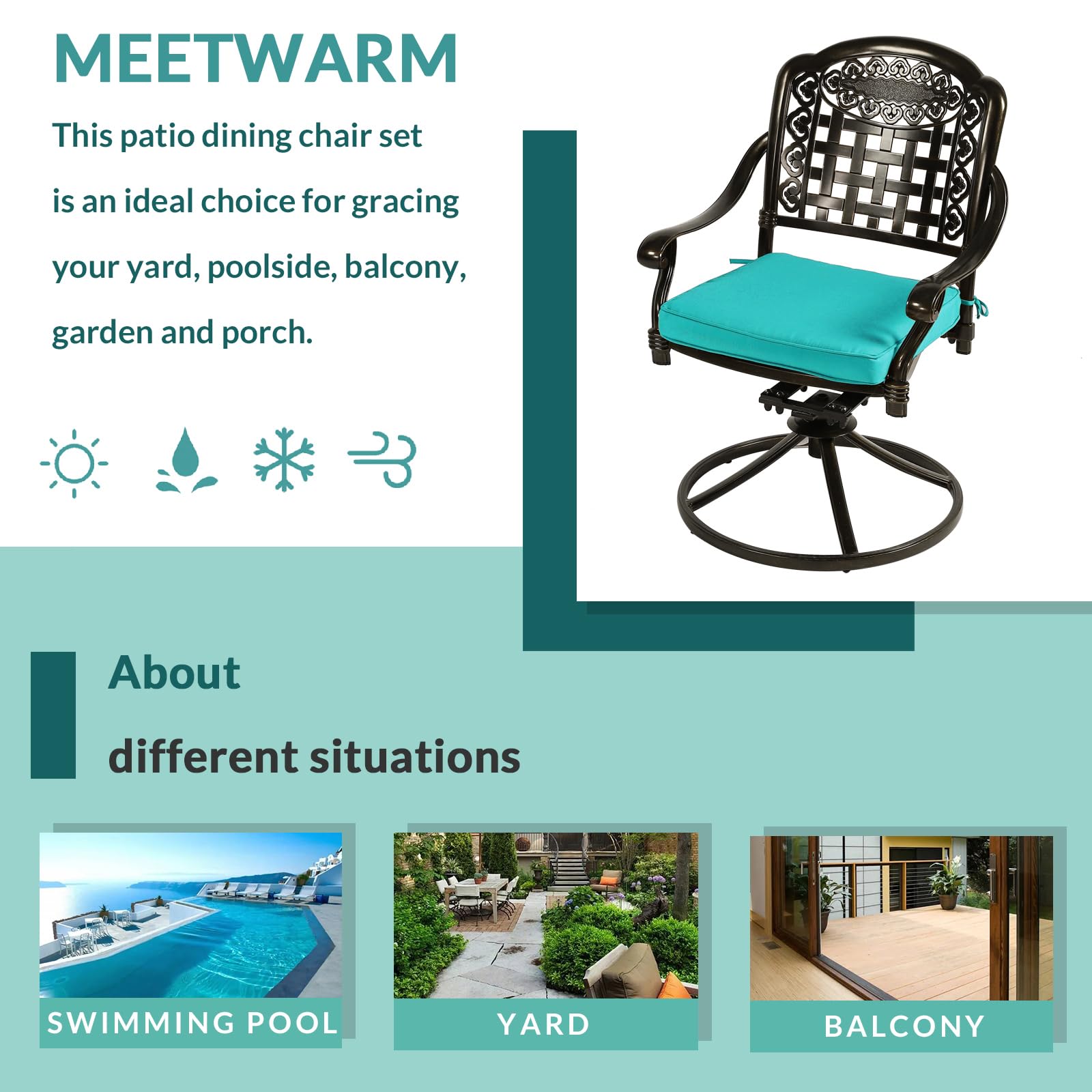 MEETWARM 2 Piece Patio Dinning Swivel Chairs Rocker, Outdoor All-Weather Cast Aluminum Chairs with Cushions, Patio Bistro Dining Chair Set for Garden Deck Backyard, Ocean Blue