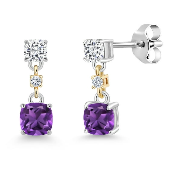 Gem Stone King 925 Sterling Silver and 10K Yellow Gold Purple Amethyst and White Moissanite Dangle Earrings for Women (0.86 Cttw, Gemstone Birthstone, Cushion 4MM and 3MM)