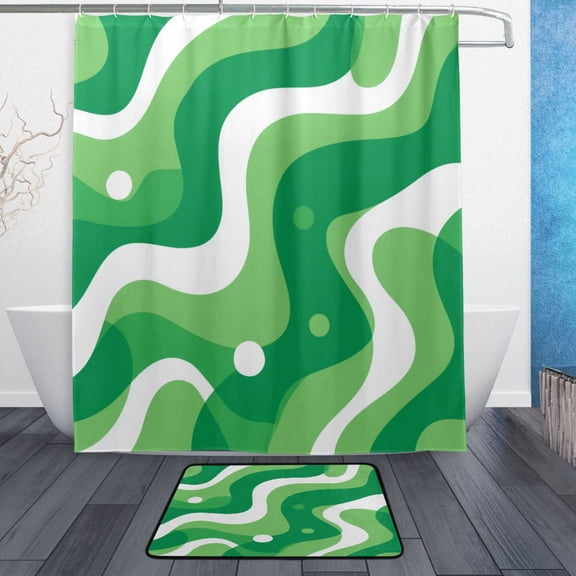 TTYFWHD 60" x 72" Shower Curtain and Bath Mat Set Light Green Flowing Lines Waterproof Bathroom Curtain with 12 Hooks, Bathroom Decor Set