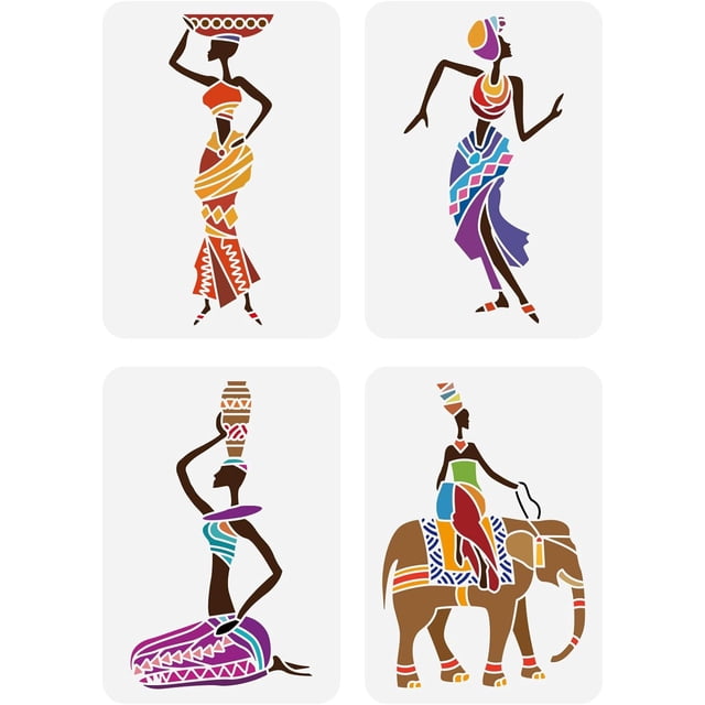 4 plantillas de plástico reutilizables de 8,3 x 11,7 pulgadas con diseños de mujeres tribales africanas, bailarinas indias con elefantes y ollas. Ideales para manualidades y proyectos de arte.
