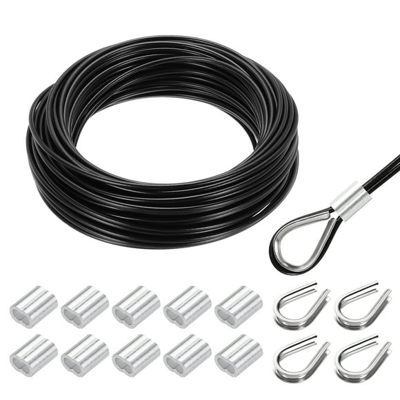Uxcell 66FT Stainless Steel Cable Railing Kit, 1/8" Vinyl Coated 7x7 Strand Wire Rope with Loop Sleeves and Thimbles Black