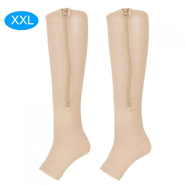 1 par de medias de compresión con cremallera hasta media pantorrilla, mallas delgadas, calcetines elásticos con punta abierta (color de piel XXL)
