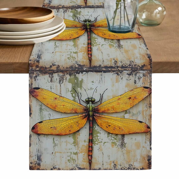 Vintage Dragonfly Table Runner, Spring Summer Abstract Oil Painting Washable Cotton Linen Table Runners 72 Inches Long, Dresser Scarf Runner for Dining/Coffee/Kitchen/TV Stands/Cabinets 13''x72''