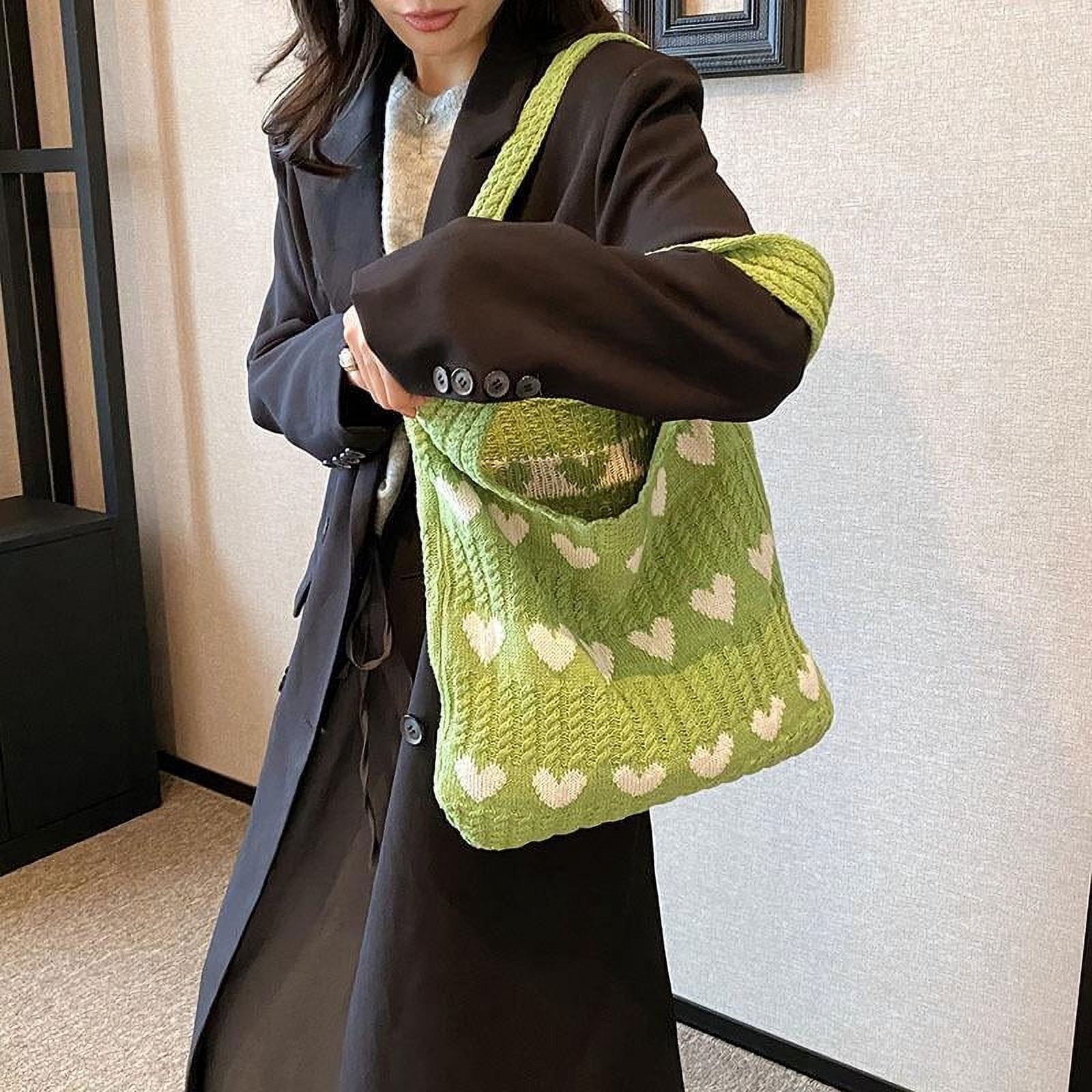 Love Heart Graphic Knitted Tote Bag Fashion Woven Shoulder Bag Aesthetic Crochet Bag For Women