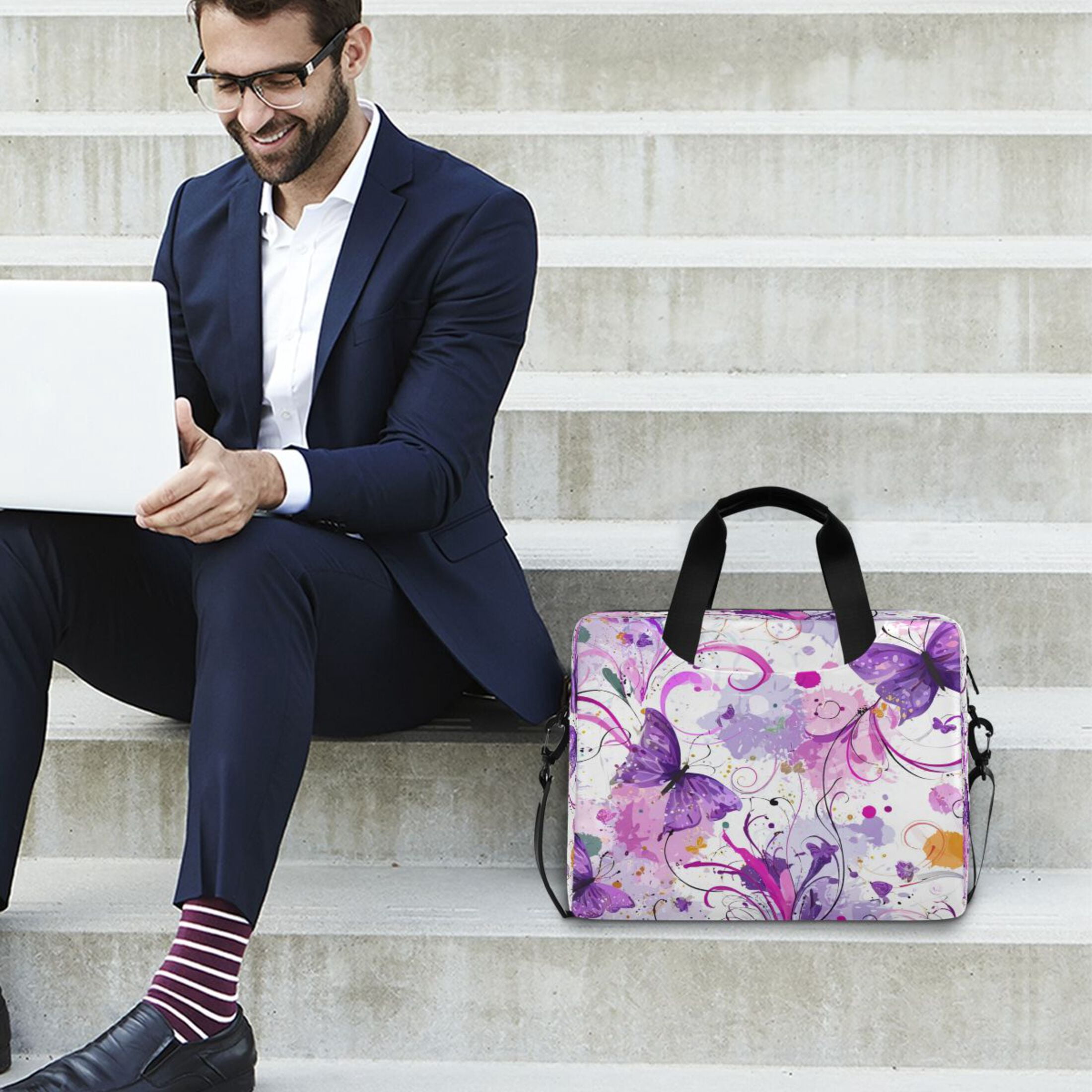 16" Laptop Tote Bag Laptop Sleeve Case Computer Briefcase for Work & Travel Purple Butterfly with Swirls