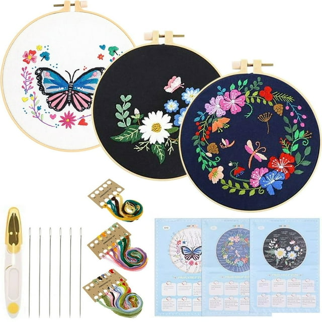 Embroidery Starter Kit Elegant Flower Cross Stitch Kit with 3x Embroidery Cloth 3x Embroidery Hoops 6x Needles 3x Colorful Threads 1x Scissors for Adults Beginners