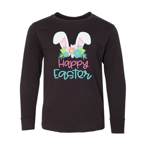 Inktastic Happy Easter with Bunny Ears and Flowers Long Sleeve Youth T-Shirt