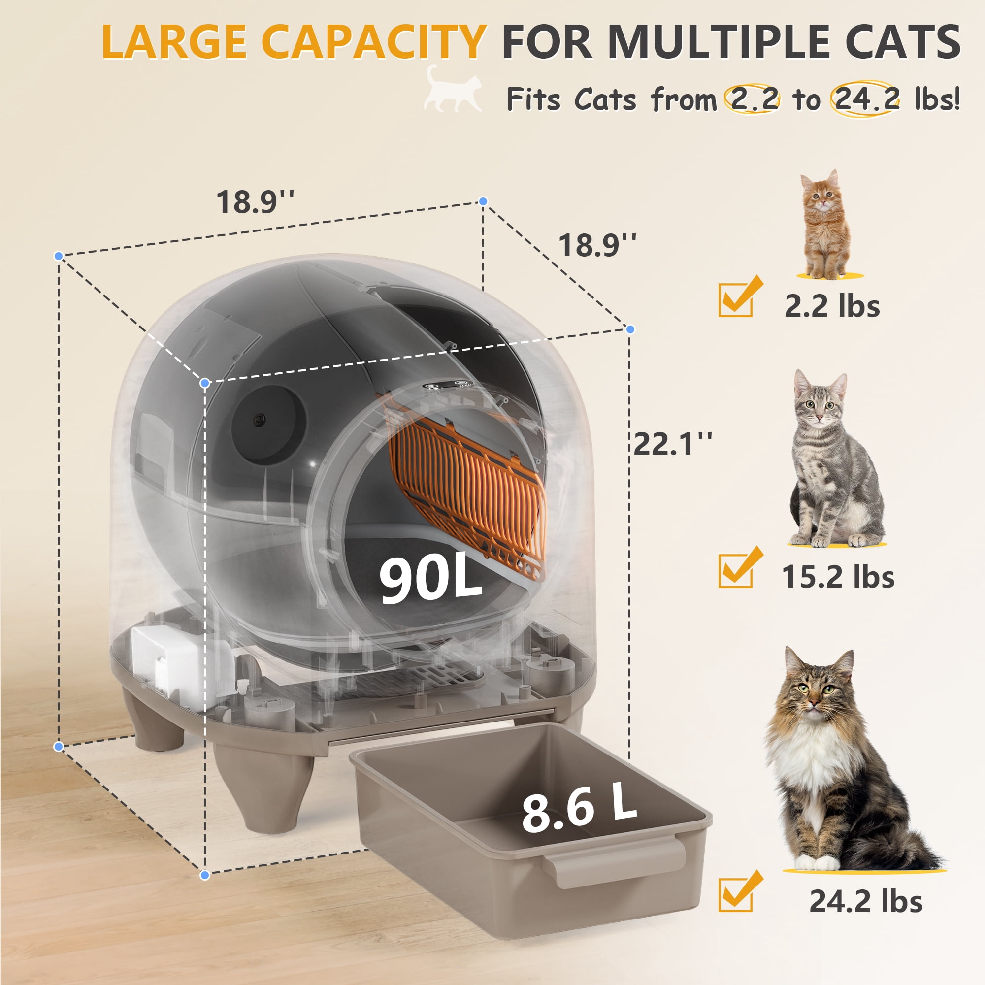 Homall Self-Cleaning Cat Litter Box with App Control and Safety Protection, WiFi,  Automatic, and Waste Bags, Brown