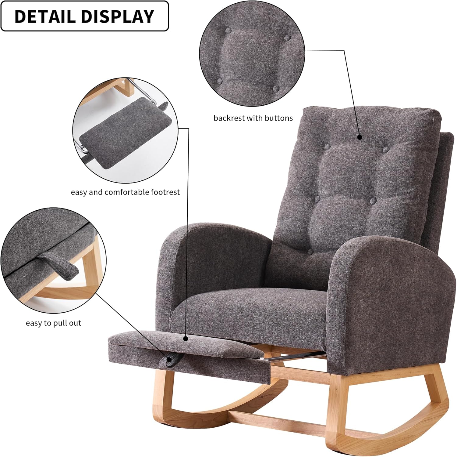 Rocking Chair with Retractable Foot Rest Glider Rocker Accent Chair Padded Seat with High Backrest Armchair Comfy Side Chair for Living Room Bedroom Offices (Gray)