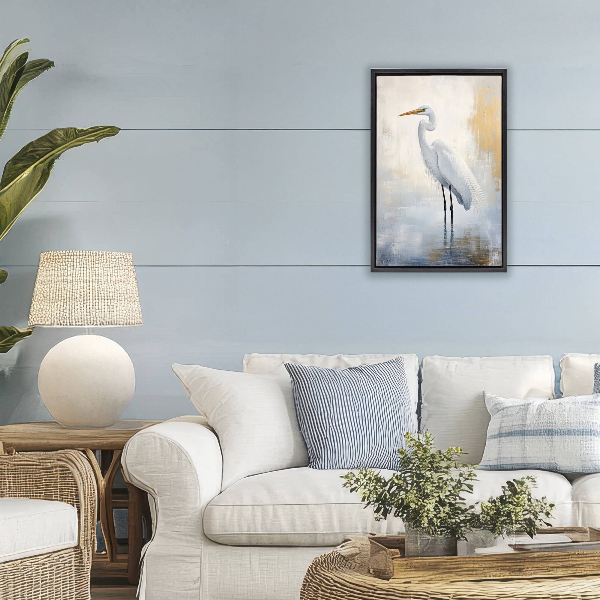 Stupell Industries Distressed Egret with Misty Reflection Black Framed Floater Canvas Wall Art, design by Petal Prints Design