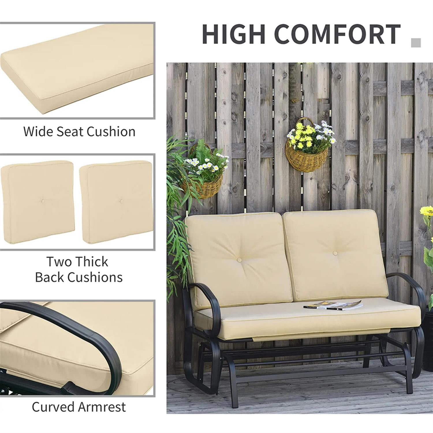 Demi Bonn Outdoor Glider Bench, 2-Person Patio Rocker Loveseat with Tufted Cushions, Steel Frame, Outdoor Glider Chairs for Porch, Garden Backyard, Beige