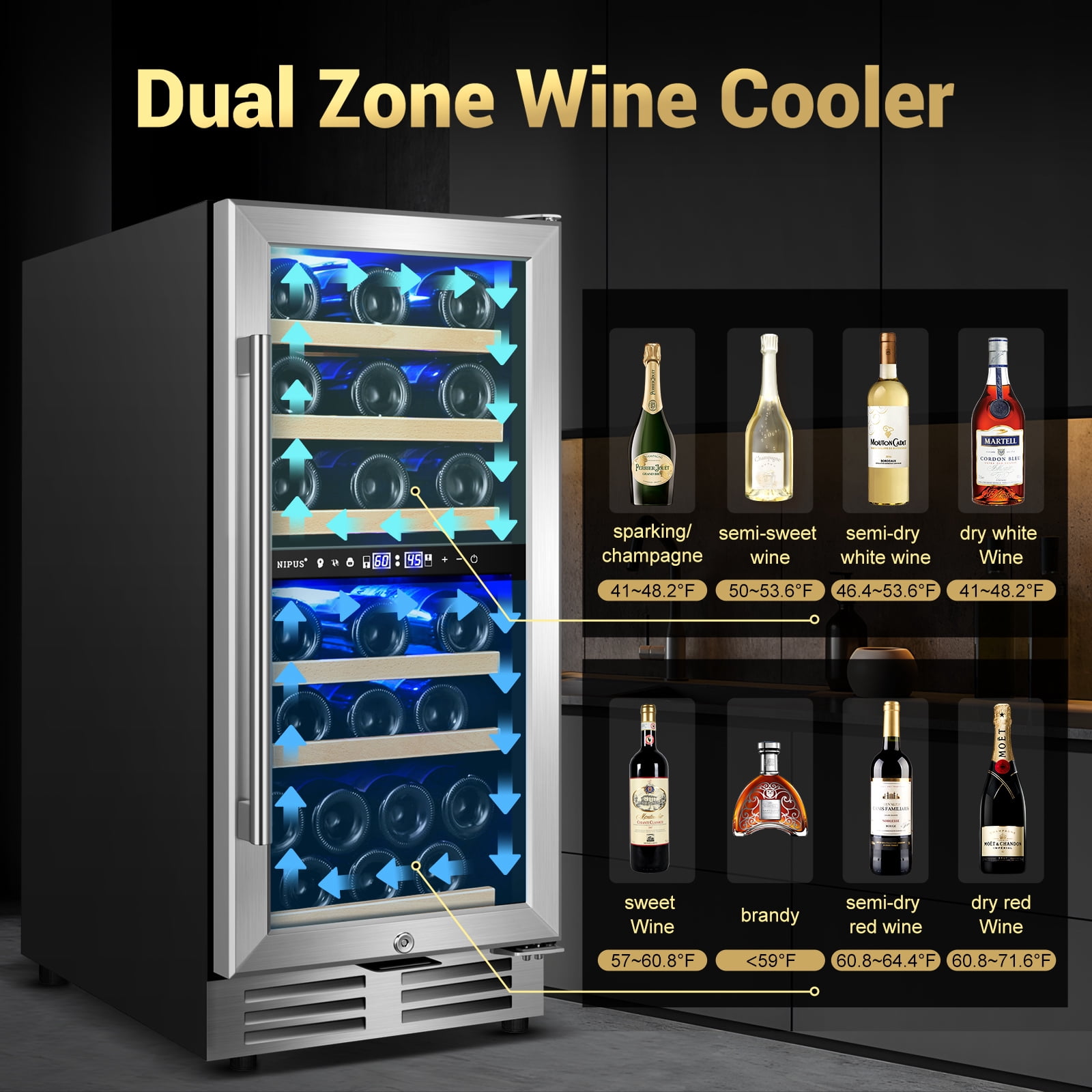 Nipus 15 Inch Wine Cooler Refrigerator,30 Bottle,Daul Zone,Low Noise Wine Fridge ,Built-in or Freestanding