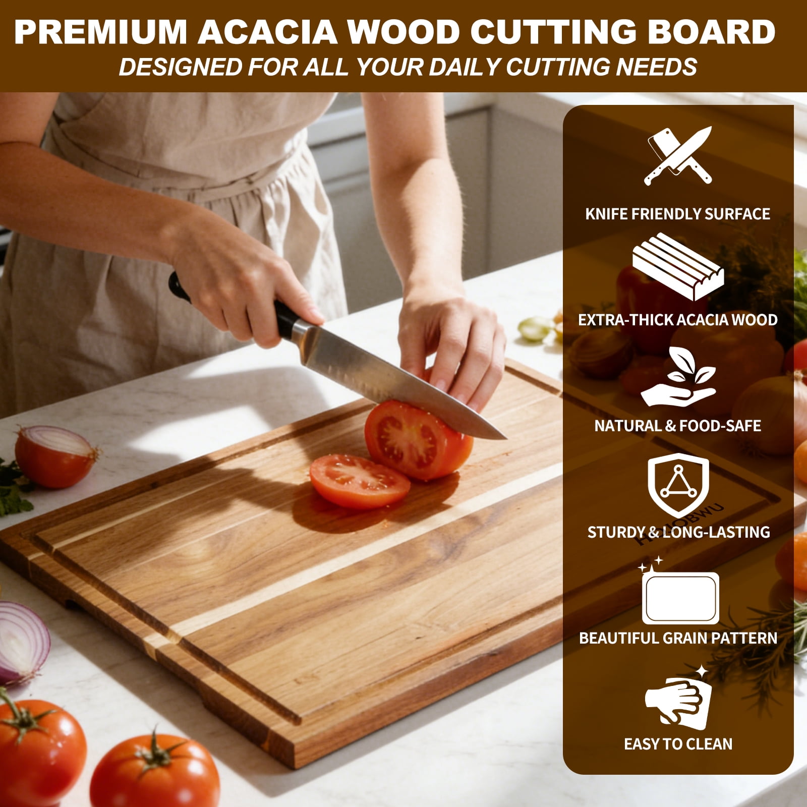 HOJOBWU 24x18 Acacia Wood Cutting Board, Large Wooden Butcher Block with Juice Groove and Handles for Kitchen Prep