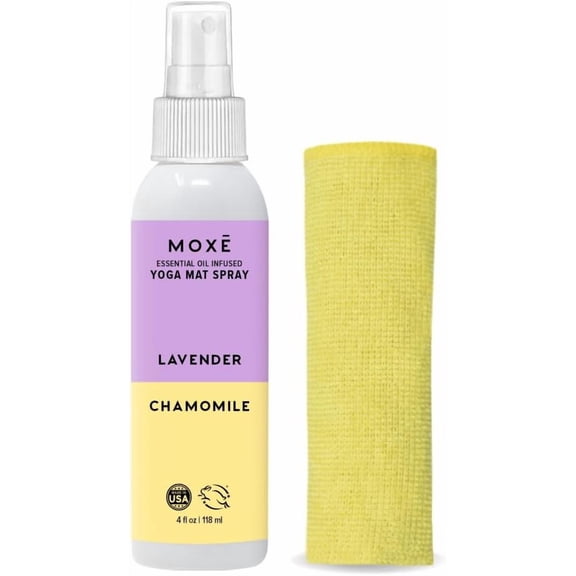 MOXE Yoga Mat Cleaning Spray Lavender and Chamomile Essential Oils with Microfiber Towel 4 oz Bottle