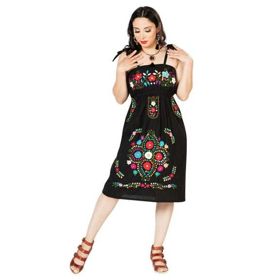 Artisanal Embroidered Dress 100% Cotton Black 603074