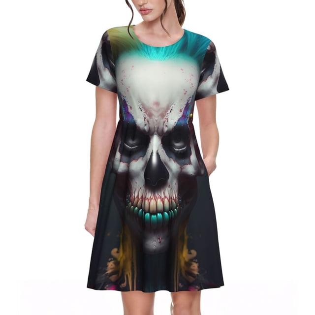 Balery Modern Abstract Colorful Skull C Vestidos sueltos de manga corta para mujer, vestidos de verano 2025, vestidos casuales de corte A con vuelo.