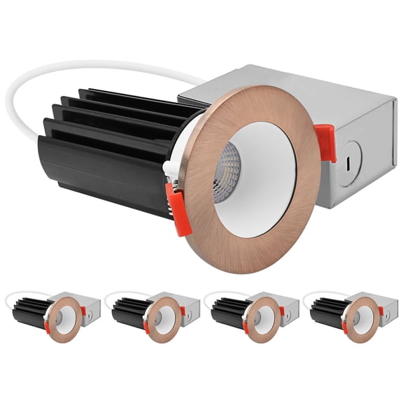 LUXRITE 2 In. LED Recessed Light, Round White & Copper Interchangeable Trim, 5CCT, 1000LM, 15W, CRI80, Dimmable 4 Pack