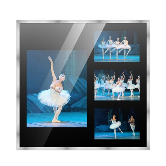 Stainless Steel Silver Wood Finish Collage Frame - Black Mat, Holds Four Photos - 8x10 & 4x6 , UV