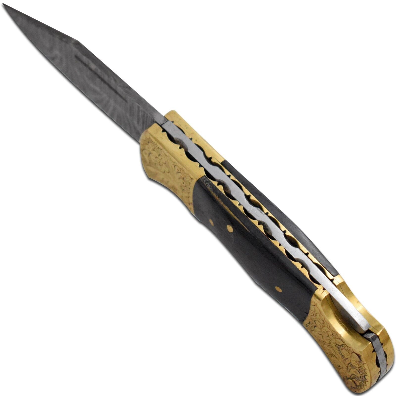 Custom Damascus Steel Collection Engraved Brass Folding Knife