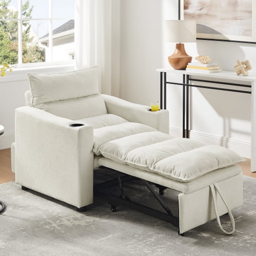 67" Modern Velvet Deep Seat Single Sofa Bed, Foldable Sofa Bed with Adjustable Backrest, Comfy Fabric Sleeper Couch with Cup Holder for Small Space, Beige