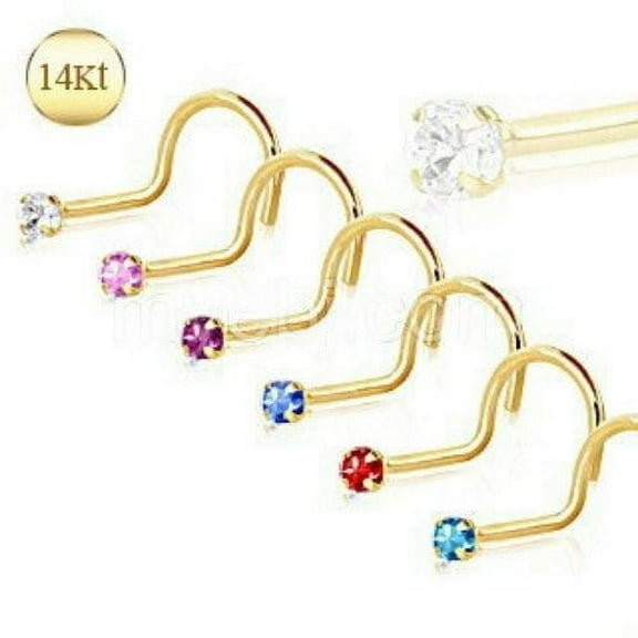 14Kt Yellow Gold Screw Nose Ring with Prong Setting Gem