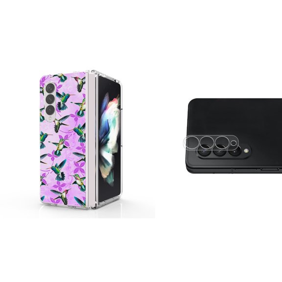Accessory Bundle for Galaxy Z Fold 4: Slim Snap-On Case (Lavender Hummingbirds), Rear Camera Glass Protector