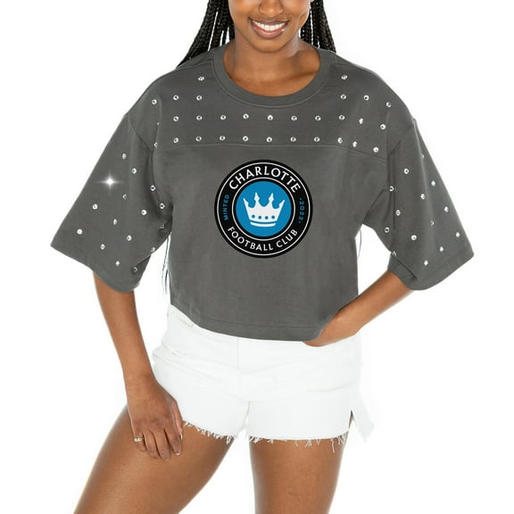 Women's Gameday Couture Gray Charlotte FC Making Moves Rhinestone Cropped Oversized Half Sleeve-T-Shirt