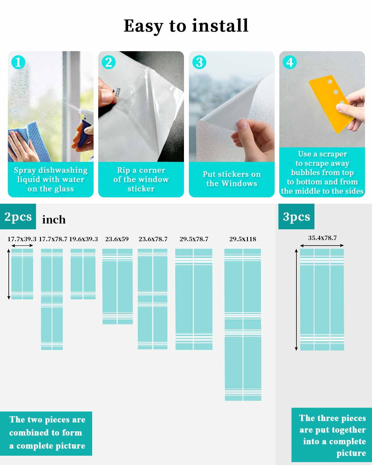 Window Privacy Film, Aqua Stripes UV Sun Blocking Window Tint Film Heat Control One Way Blackout Window Film, Farmhouse Modern Vertical Lines Non Adhesive Static Cling Window Sticker 19.6x39.3 In