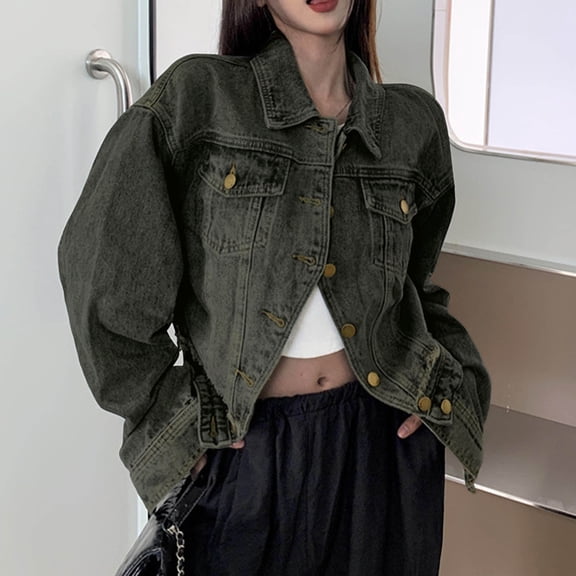 QATAINLAV Button Down Denim Jacket for Women Vintage Distressed Casual Jeans Tops Dressy Long Sleeve Collared Outerwear Dark Gray L